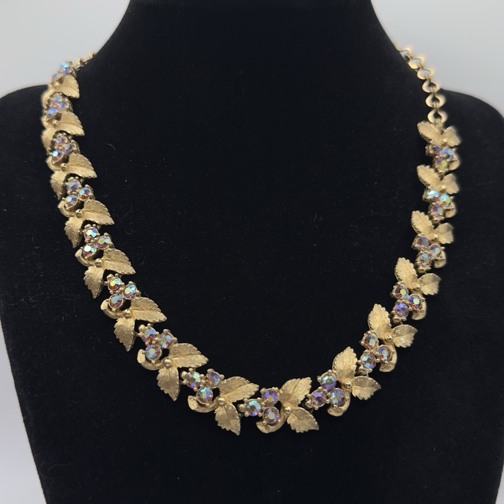 Vintage AB Crystal Necklace Choker Gold Tone Aurora Borealus Signed Charel 12
